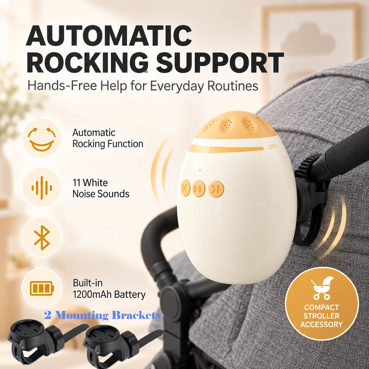 Baby Stroller Rocker with 2 Mounting Brackets and11 White Noise Sounds Automatic Rocking Accessory for Prams, Pushchairs