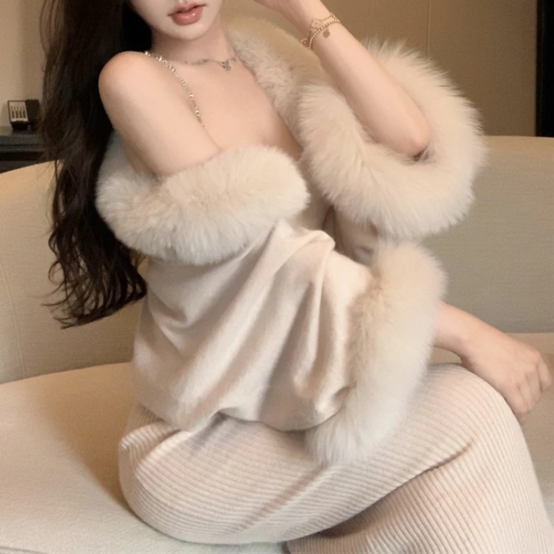 2024 Spring New High Street Sexy Slim Knit Chain Halter Dress Women + Plush Splicing Loose Long Sleeve Cardigan Two-Piece Suit