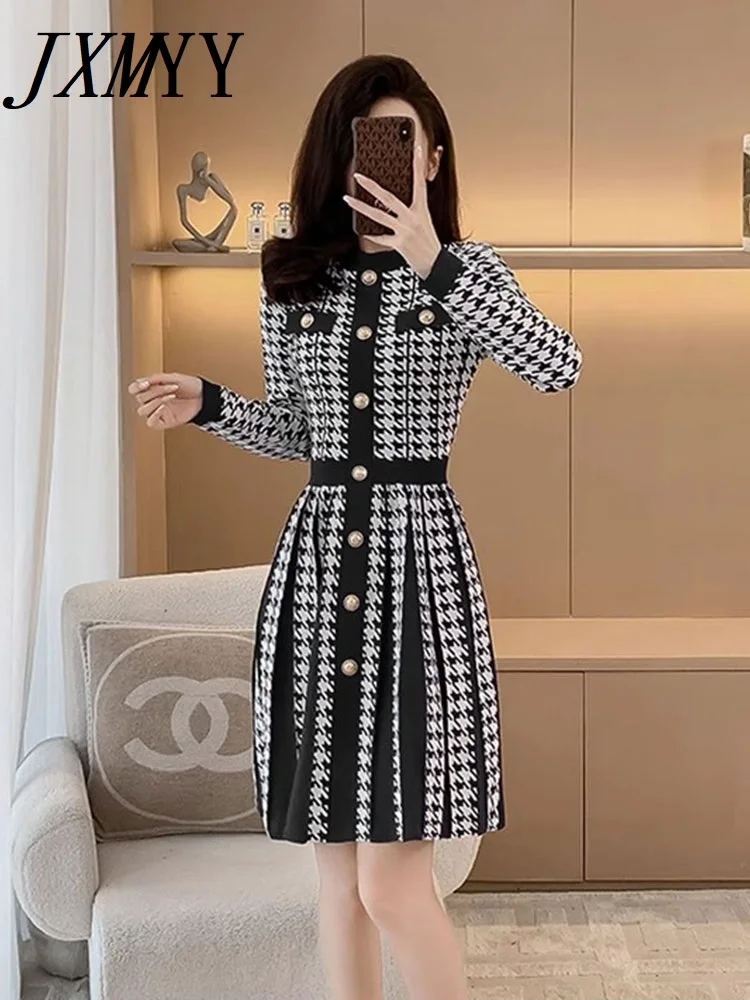 JXMYY-Women\'s Houndstooth Long Sleeve Knitted Dress, Pleated A-Line Skirt, Round Neck, Autumn and Winter Fashion, New, 2024