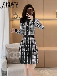 JXMYY-Women's Houndstooth Long Sleeve Knitted Dress, Pleated A-Line Skirt, Round Neck, Autumn and Winter Fashion, New, 2024