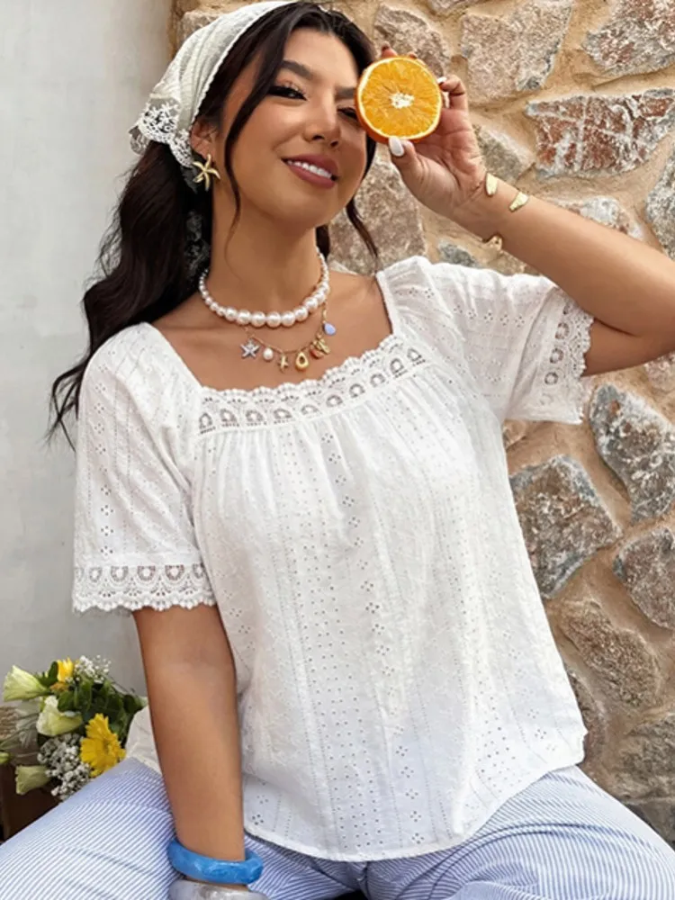 XL-4XL Plus Size Spring Summer Fashion Elegant Shirt Blouse O-Collar 3XL 2XL 4XL Big Large Size Women Short Sleeve Tops