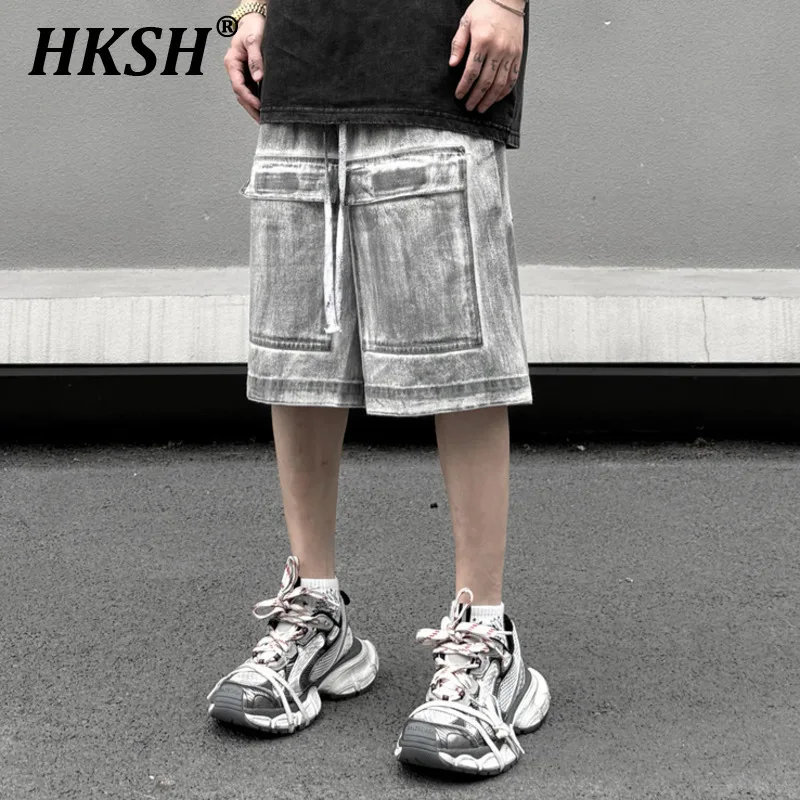 HKSH Summer New American Trendy Washed Vintage Capris Dirty Denim Pants Pocket Straight Men\'s Tide Women Punk Chic Shorts HK1150