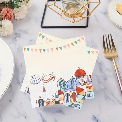 20Pcs/Bag Colorful Eid Mubarak Theme Paper Napkins Moon Castle Disposable Tissues for Ramadan Islam Muslim Party Decoration