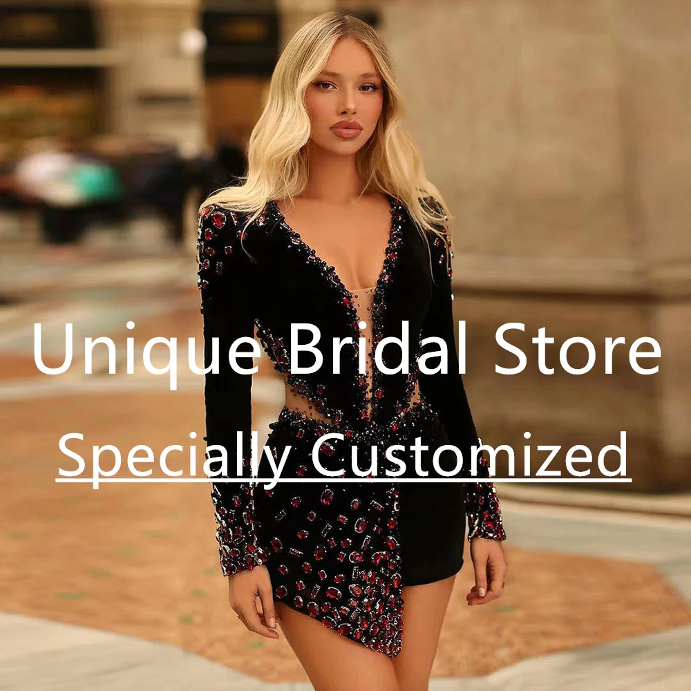 

Gorgeous Satin Cocktail Dress Long Sleeve Deep V-Neck Crystal Cut-out Mini Sexy Luxury Vestidos Para Mujer Elegantes y Bonitos