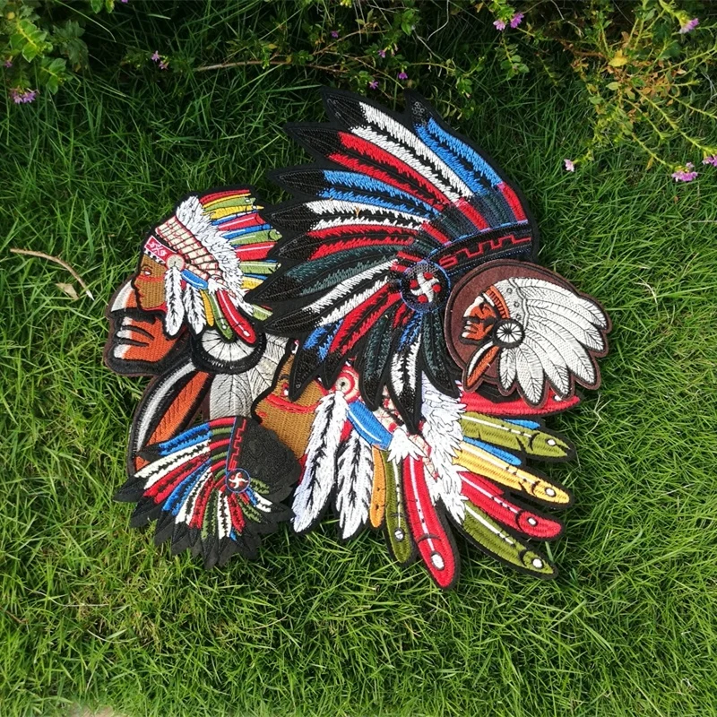 24cm Oversized Colorful Indian Head Feather Embroidery Patches With Adhesive DIY Sewing Garment Applique