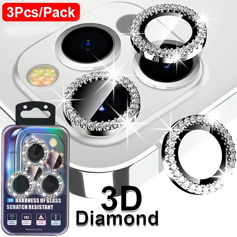 3Pcs Diamond Camera Case For iPhone 16 15 14 11 12 13 Pro Max 15 Plus Lens Protector Screen Case For iPhone15 Pro Tempered Glass