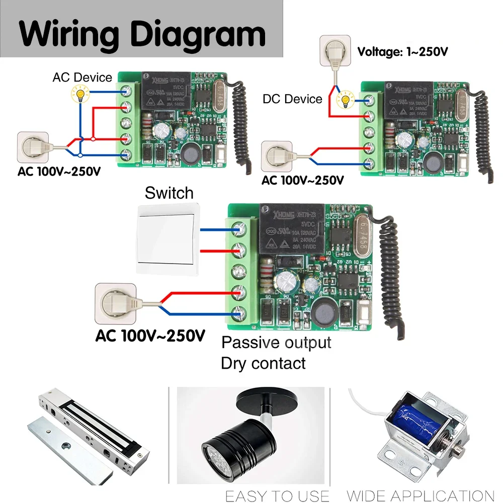 433 Mhz Remote Controls Wireless Remote Switch AC 110V 220V 1CH Relay Receiver Module and ON OFF Transmitter for Led Lights Bulb