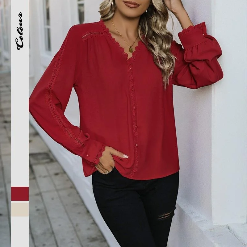 

Elegant Red Long Sleeve Shirt for Women Date Long Sved Classic Style Casual Business Women's Fashion Never Shrink