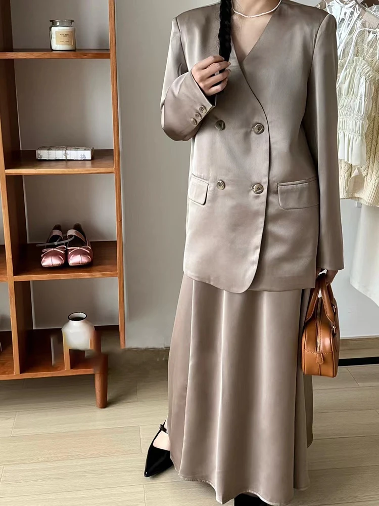 [LANMREM] Elegant Satin Suits Set Women V Neck Double Breasted Blazers High Waist Length Skirt Clothes 2024 Autumn New 26D8927