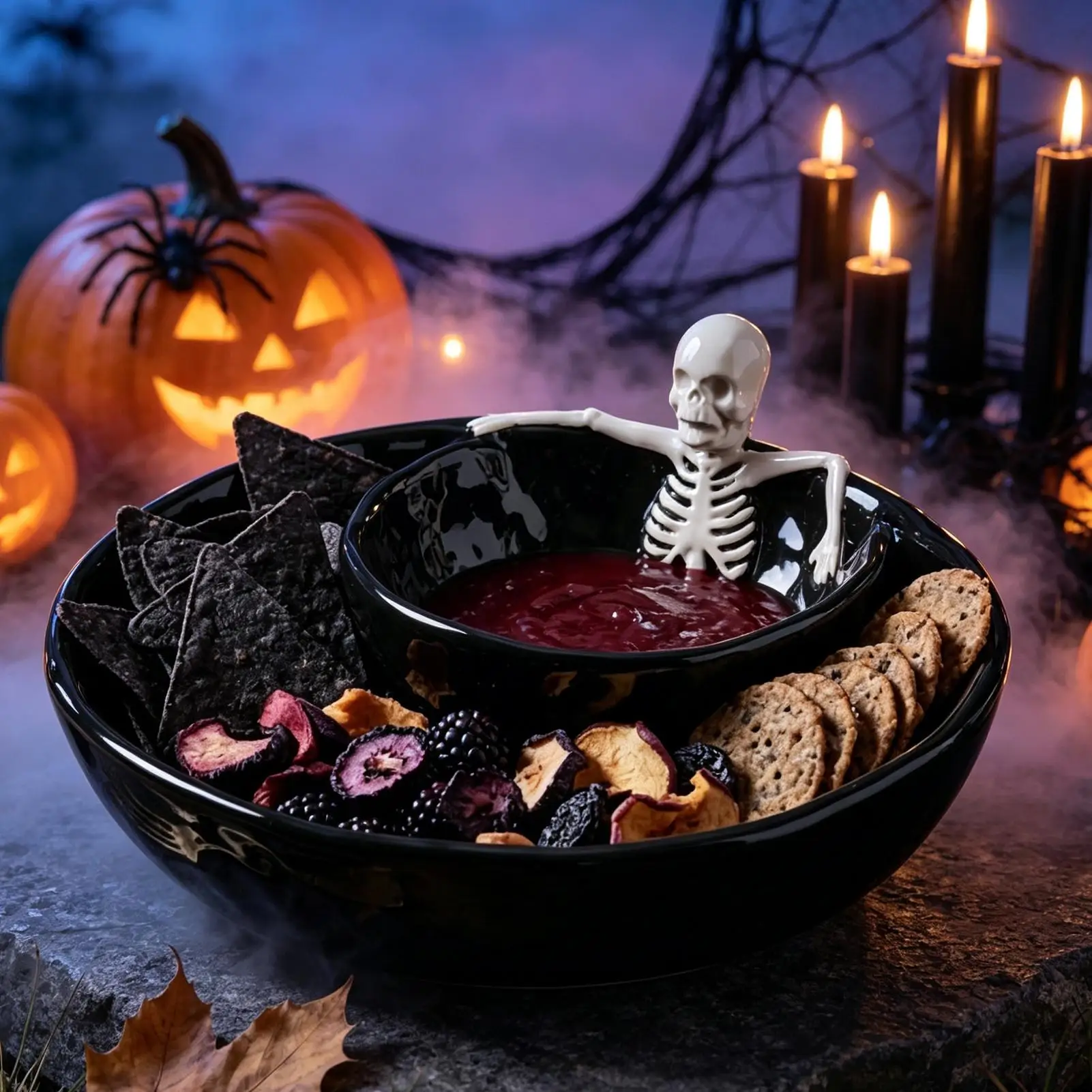 Halloween Double Layer Ceramic Skull Spooky Gothic Dish Dipping Bowls 8.5inch Salsa Serving Appetizer Bowls for Kitchen Entryway
