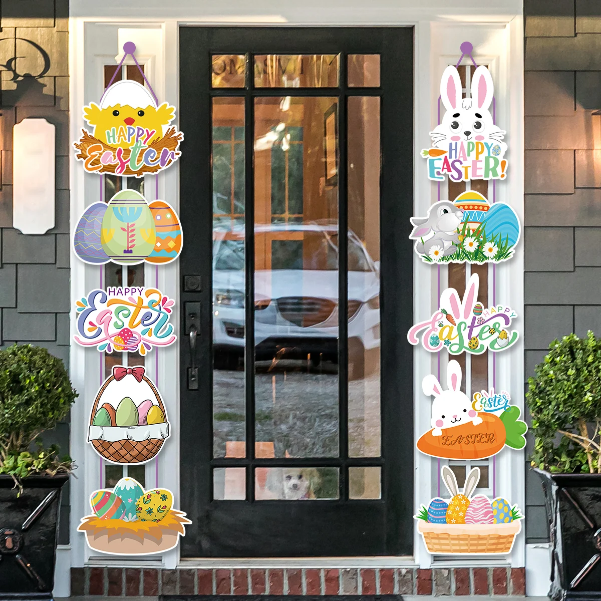 1pair Happy Easter Couplet Cartoon Bunny Chick Easter Egg Easter Door Hanging Ornament Easter Party Decoration 2025 Welcome Sign