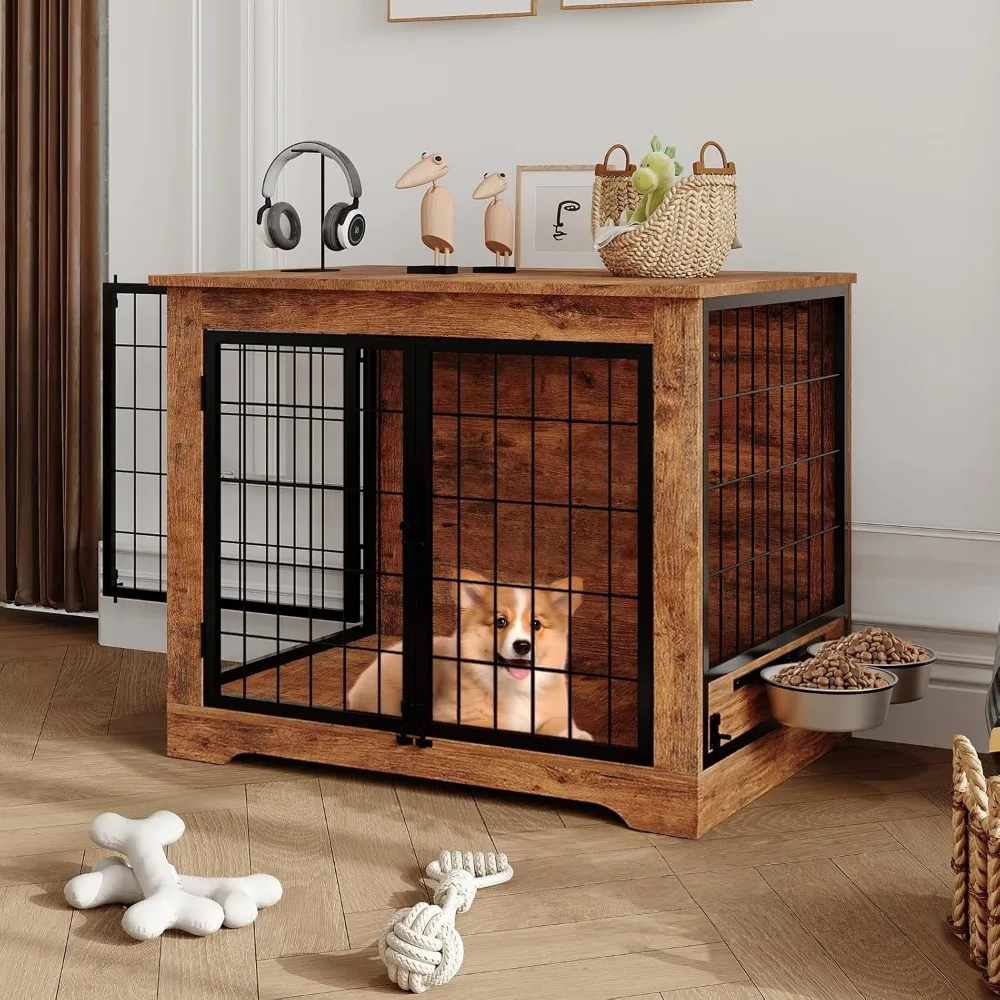 31.7“ dog crate furniture with 360° rotating feeder heavy duty wooden dog kennel furniture indoor with 2 doors, anti-chew anti-e