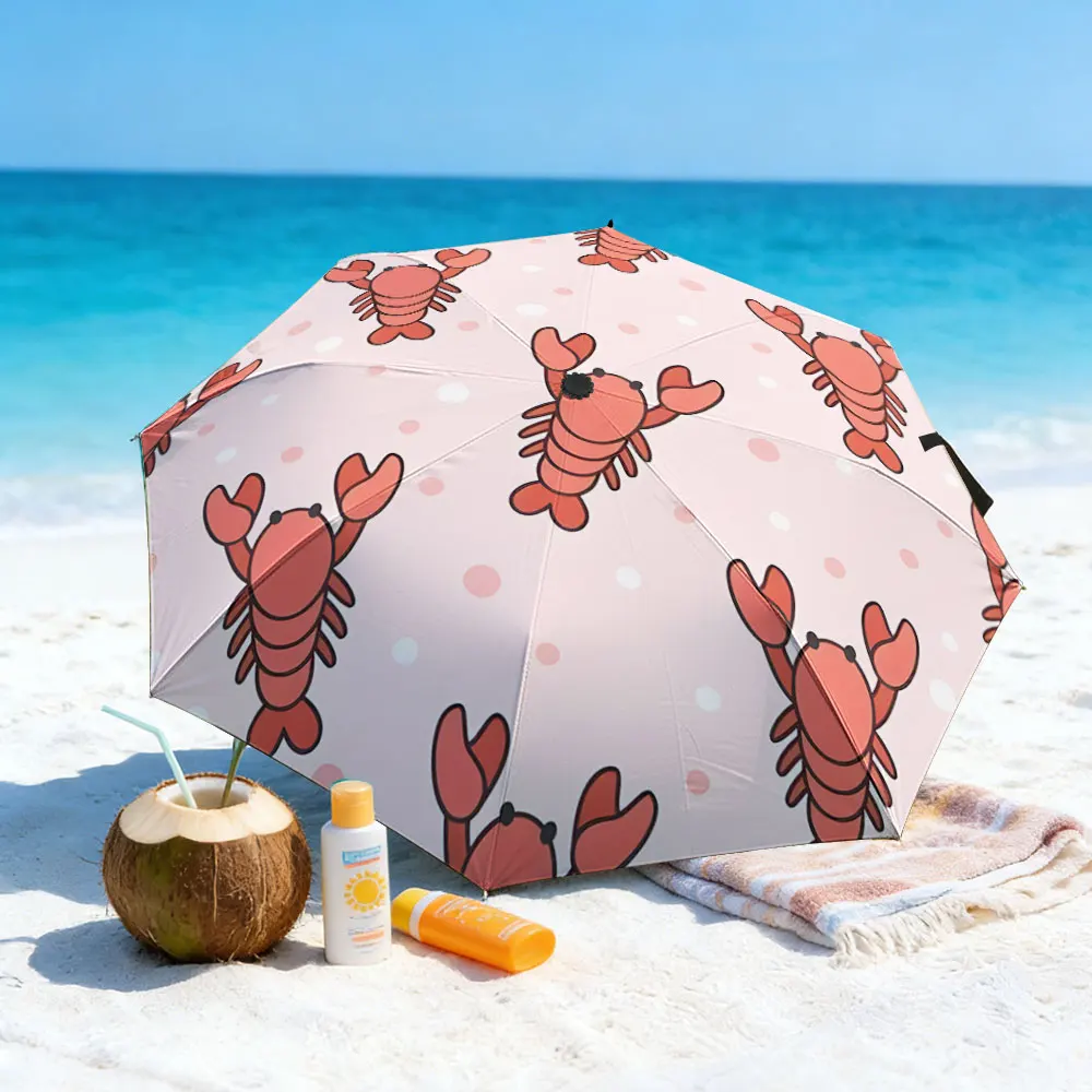 1PC Lobster-Patterned Umbrella by a Scenic Lake Picnic Spot Print 8 Iron Ribs Folding Umbrella Auto-Open Fashion Sunshade