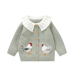 Baby Girl Knit Cardigan Sweater Rooster Embroidery Doll Collar Knitwear Coat Toddler Fall Winter Clothes