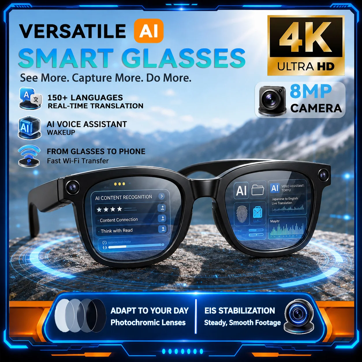 AI Smart Glasses 800MP Camera Video Recording AI Photo Recognition Answer Sunglasses WIFI Transmission Waterproof Smart Glasses