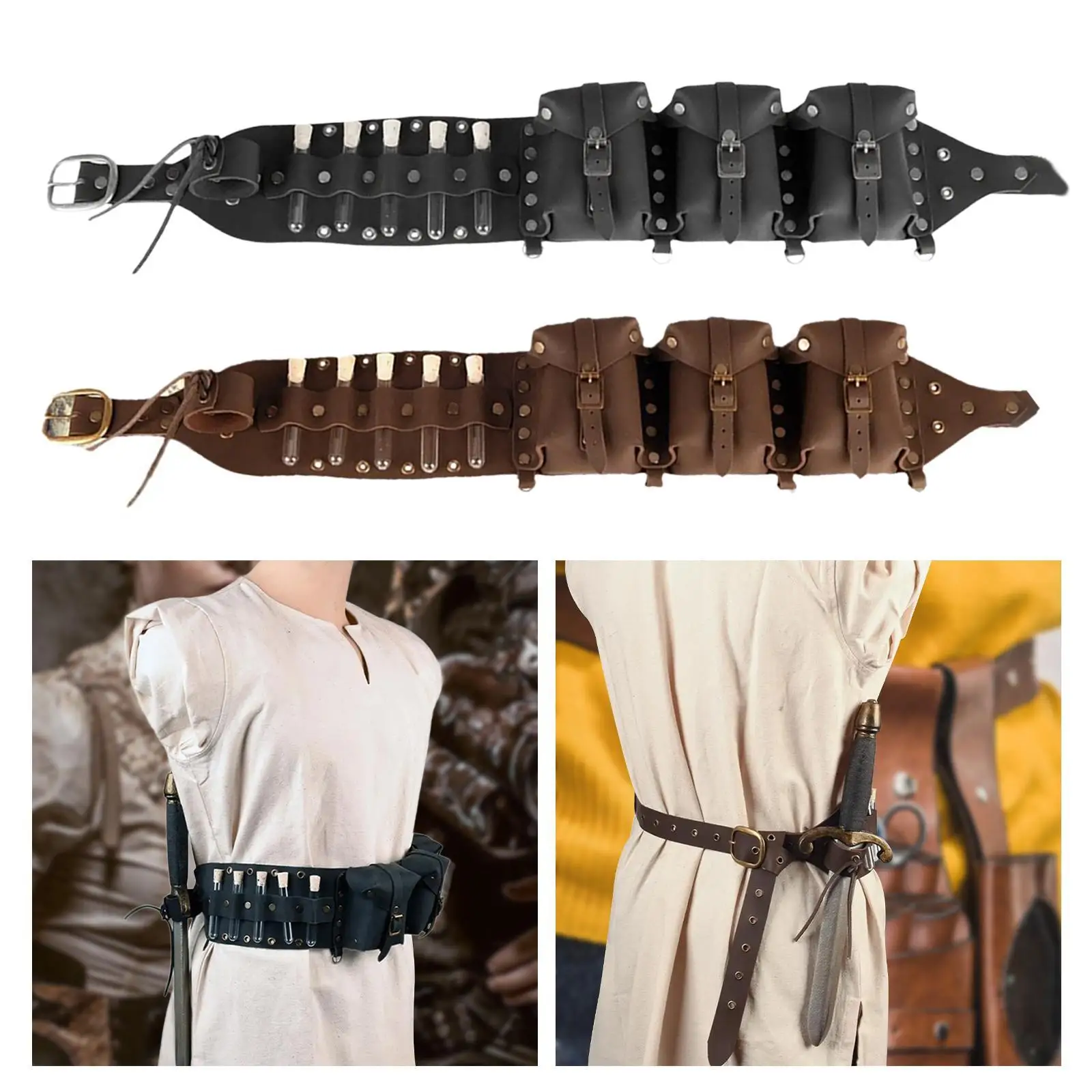 Medieval Waist Belt Potion Bottles Belt Holder PU Leather with Potion Bottles for Carnivals Fancy Dress Masquerade Role Play