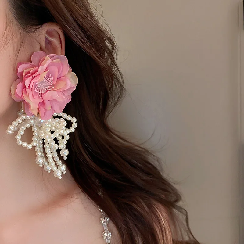 2022 New Bohemian White Pink Big Cloth Flower Earrings For Women Statement Jewelry Handmade Pearl Bowknot Tassel Pendientes