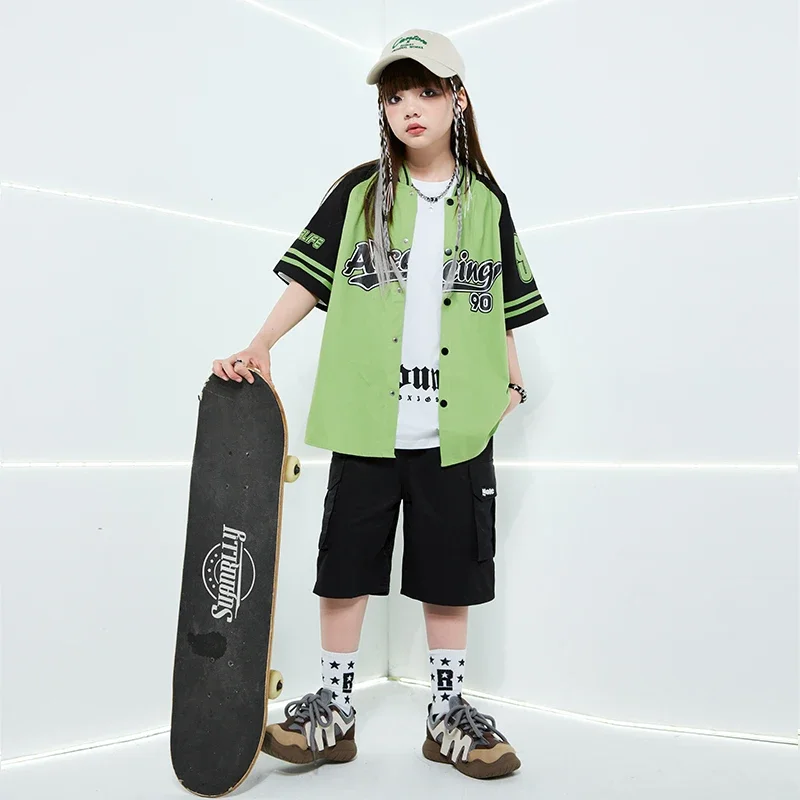 Manteau de Baseball rose Hip Hop pour filles, tenue short pour garçons, veste de danse de rue, ensembles de vêtements d'été Jazz pour enfants, Costumes Streetwear