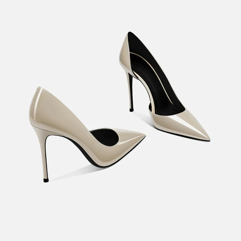 New light mouth pointed gray patent leather side empty high heels for women, slim heels, non tiring single shoes