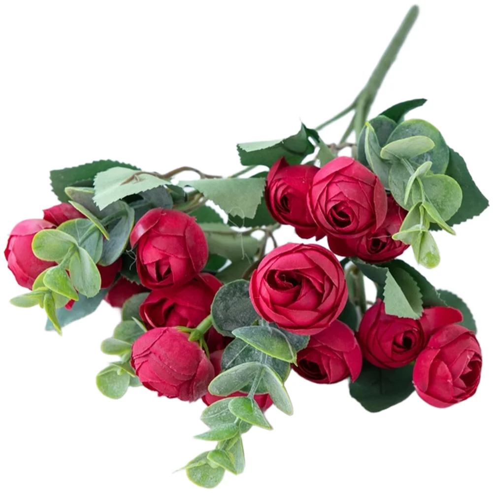 Premium Silk Artificial Bouquet with Eucalyptus Roses and Camellias for Wedding Home Decor 30cm Tall 5 Forks White Pink Red etc