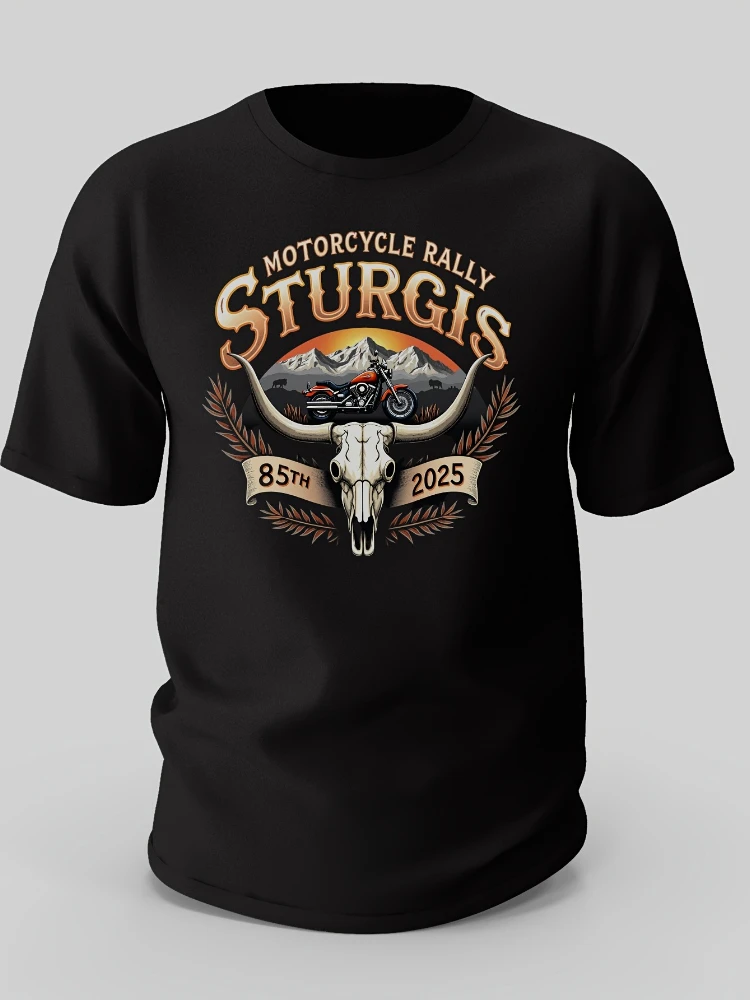 

Sturgis motorcycle rally 85th graphics-men's cotton round neck short sleeve T-shirt with bull skull and motorcycle design.