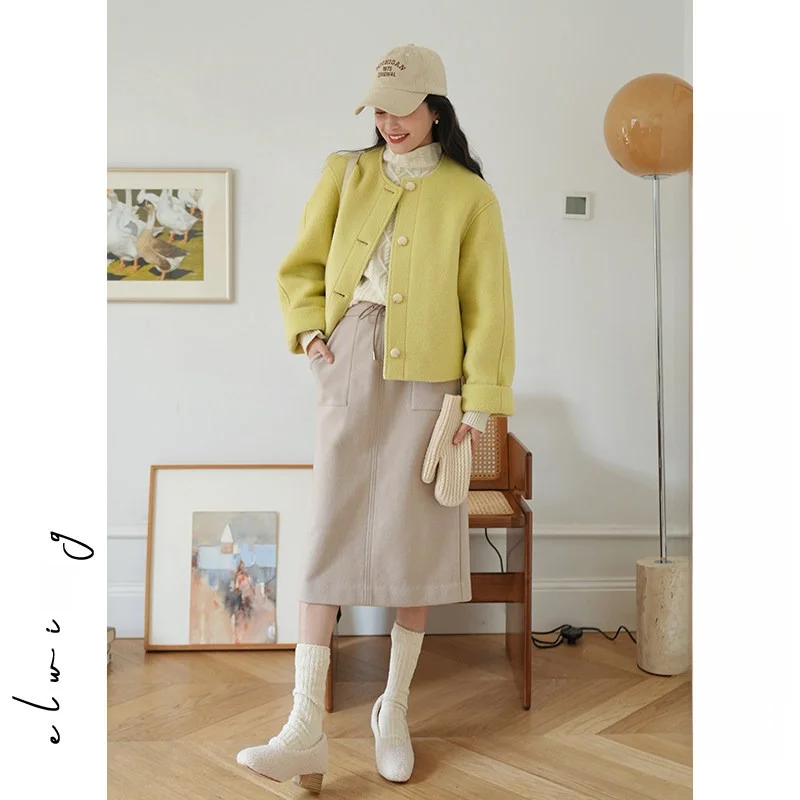 

Elwing Original Soft Comfortable Knitted Woolen Midi Skirt Warm Slimming Winter New Sle H-ape Commute Pure Color Polyeste...