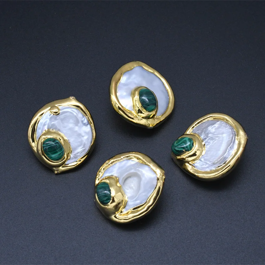 DIY Jewelry Making Loose Beads Natural Freshwater Pearl With Natural Malachite 18k Gold Palting Fashion Pendant Beads