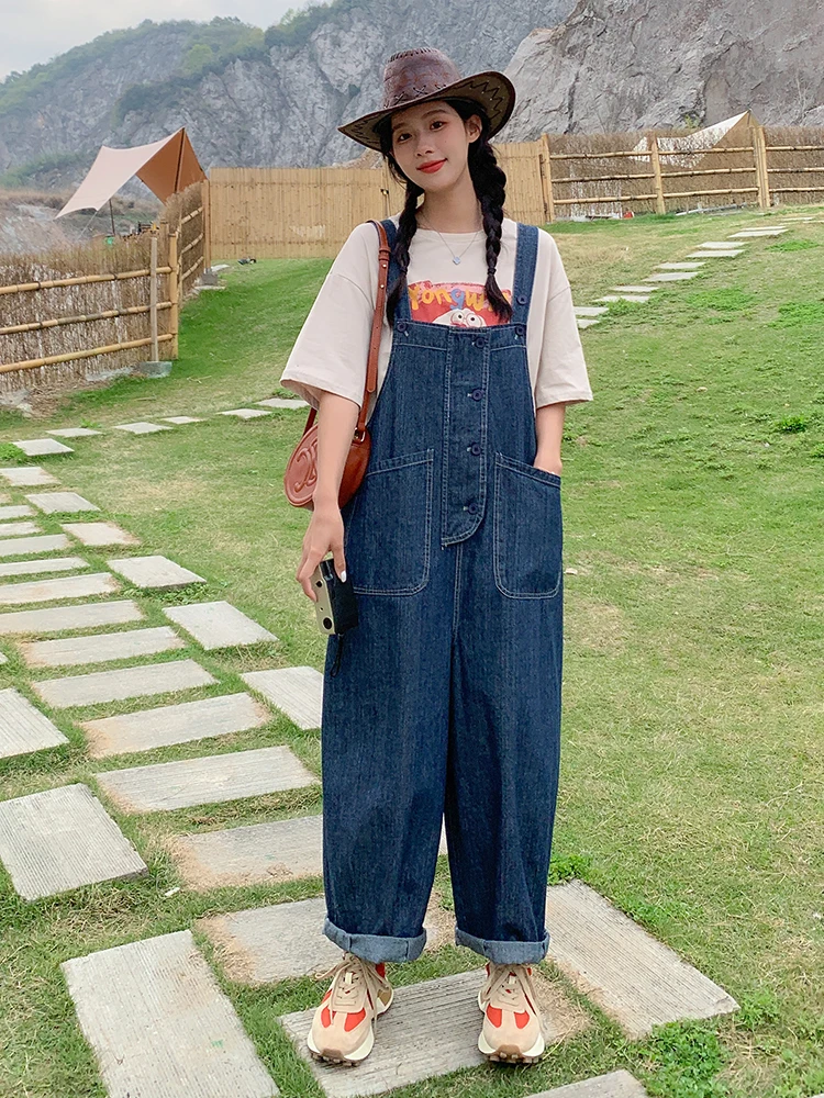 American Retro Denim Overalls Women's Spring Summer Loose Casual Wide Leg Jumpsuit Comfortable Breathable Skin-Friendly