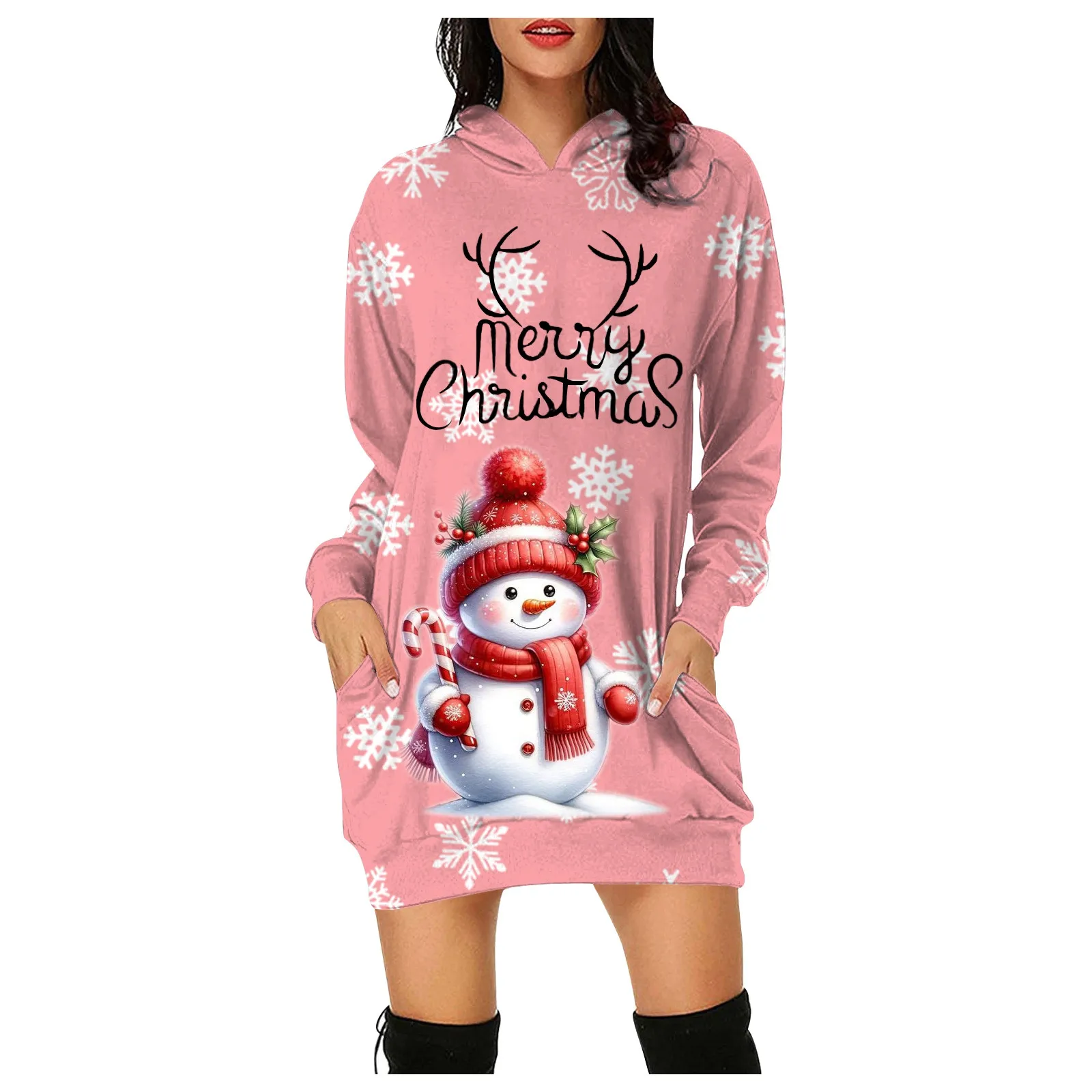 Ladies Casual Festive Snowman Christmas Print Casual Dresses for Women Line Dress Women Fashion Long Sleeved Hooded Warm