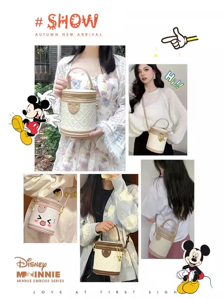 2024 Disney Minnie Bucket Bag Brand Leather Embossed Series Women\'s Crossbody High-End Round Bag Women\'s Daily Storage Bags