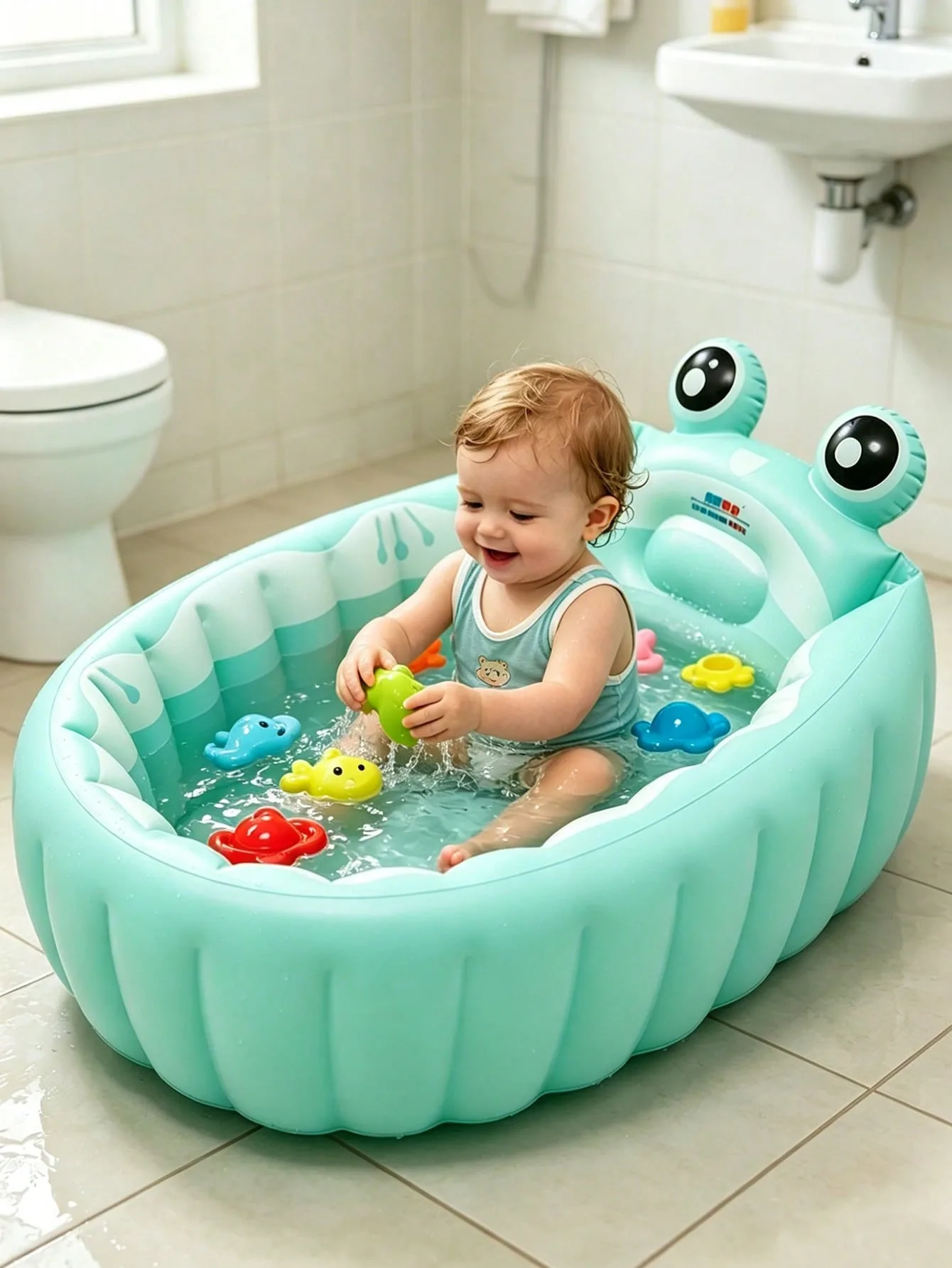 Mint Green Frog Inflatable Baby Bathtub Non Slip Supportive Blow Up Toddler Bath Tub Portable Travel Friendly Infant Swimming Po
