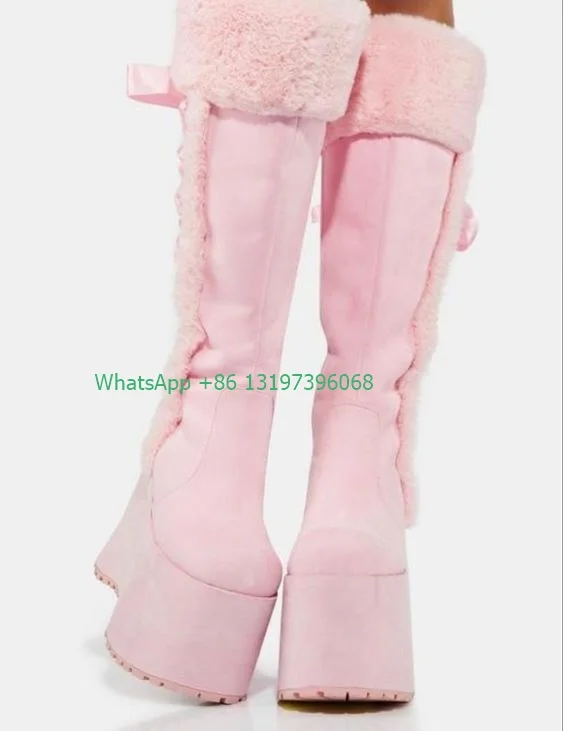 Lady Pink Fur Wedge Mary Jane Boots Summer Winter Fall Dress Boots Platform Lace-up Stain Boots Wedge Boots Footwear Size 46