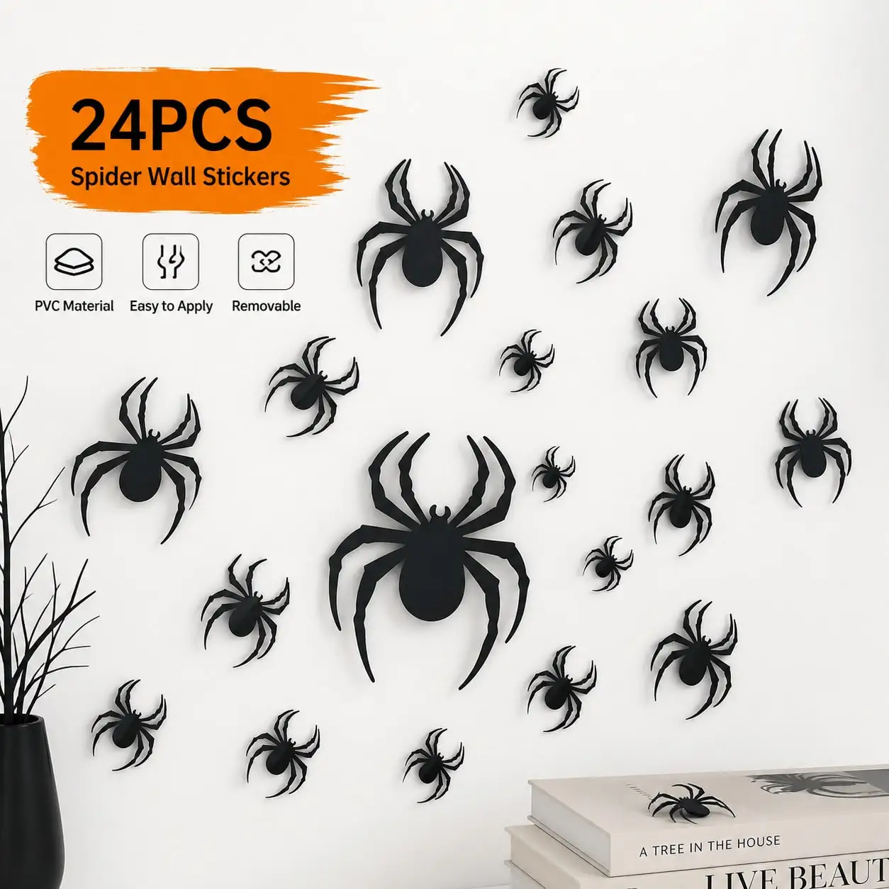 3D Black Spider Halloween Decorations, 12/24Pcs Spider Stickers, Waterproof Wall Decals For Halloween Party, Haunted House, Home, Window And Door Decor