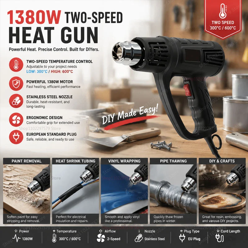 

1380W Professional Heat Gun With Two Adjustable Temperature Levels For Home DIY Paint Removal Plastic Shrink Film Heating Tool.