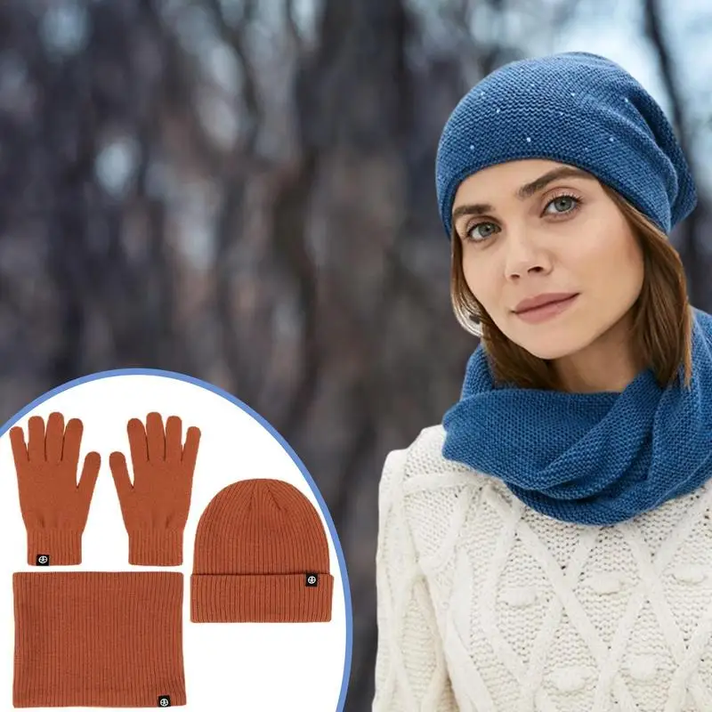 Winter Hat Scarf Glove Set Knit Fleece Neck Warmer Mittens For Women Men Hat Gloves Scarf Set