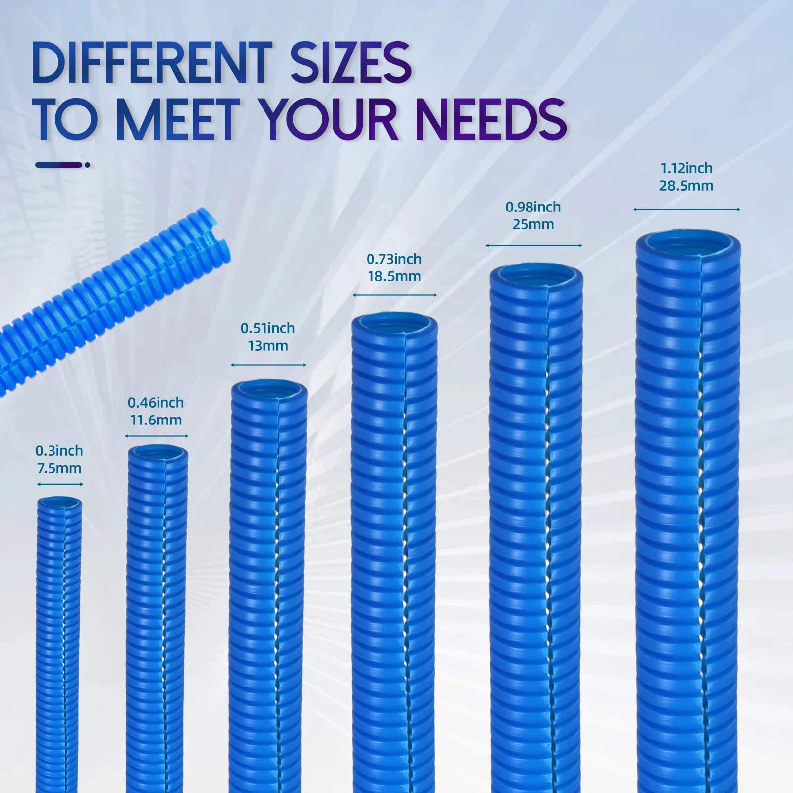 1/3/5/10M Blue PP Insulated Corrugated Pipe AD 11.6~34.5mm Wire Harness Casing Cable Sleeve Auto Car Mechanical Line Protection