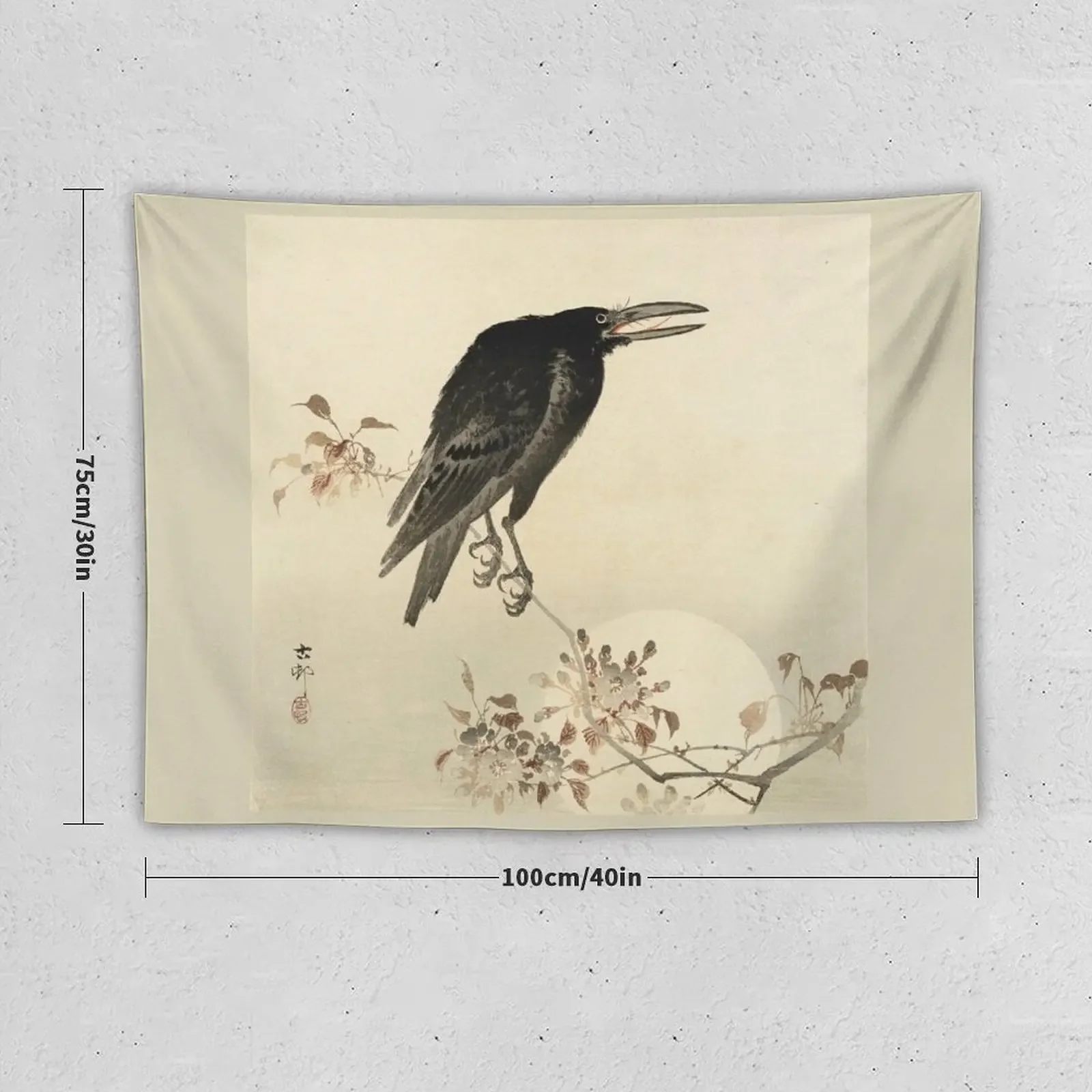 Koson Ohara - Crow on flowering Cherry Branch at Full Moon Tapestry Aesthetics For Room Decor Home Wall Hanging Decor Tapestry