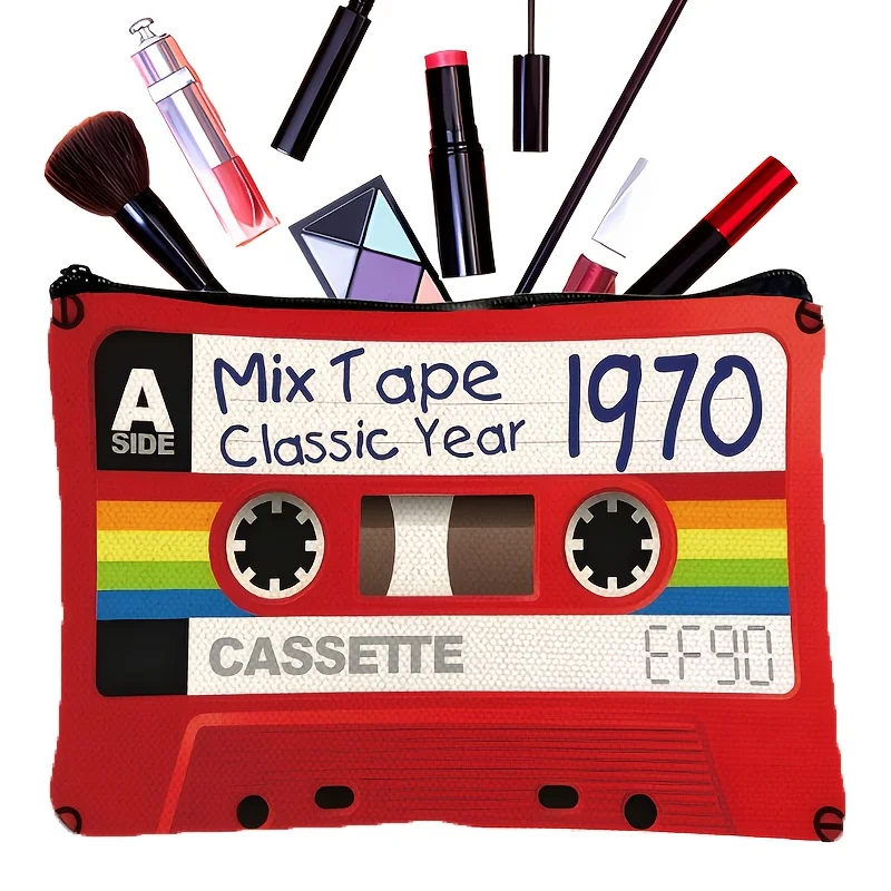 حقيبة مكياج بشريط كاسيت عتيق - منظم سفر قابل للطي مع سحاب وحقيبة مستحضرات تجميل لمحبي الموسيقى