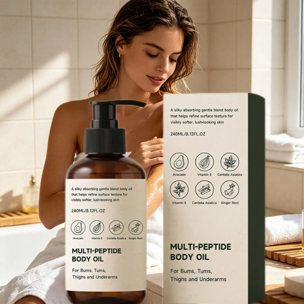 240ml Brand Skin Care Oil For Bums Tums Thighs Underarms Avocado Vitamin E Centella Asiatica Ginger Root Multi-Peptide Body Oil