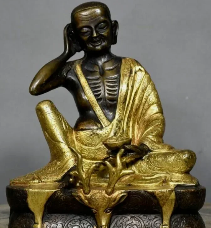 

7" Old Tibetan Buddhism Bronze Temple Seat Milarepa Buddha Deer Head Statue