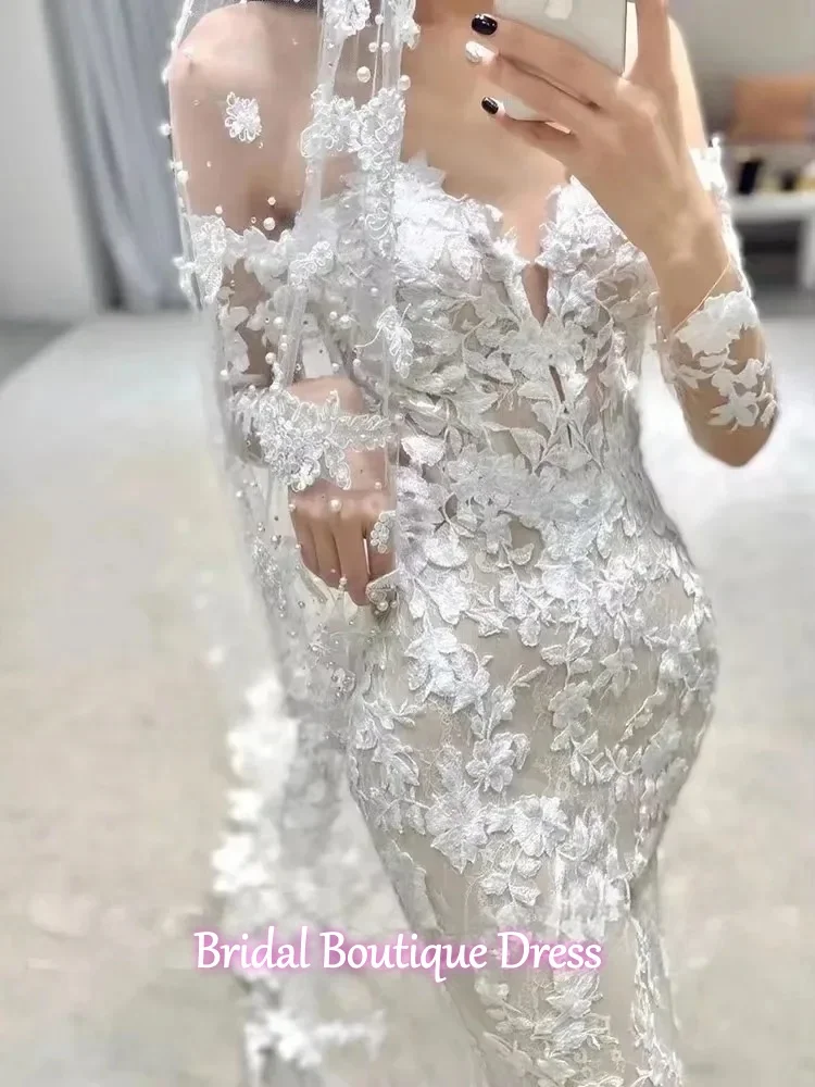 ชุดแต่งงานโบโฮแขนยาวสุดหรูแบบสั่งตัดสำหรับผู้หญิง ชุดเจ้าสาวทรงเมอร์เมดเปิดหลังเซ็กซี่ประดับลูกไม้ดอกไม้ ชุดเจ้าสาว Vestido De Noiva