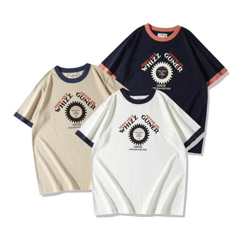 

OKONKWO Тяжелая толстая футболка с принтом мотоцикла, 210 г, унисекс, с цветными блоками, с резьбой, круглым вырезом, с короткими рукавами, футболка