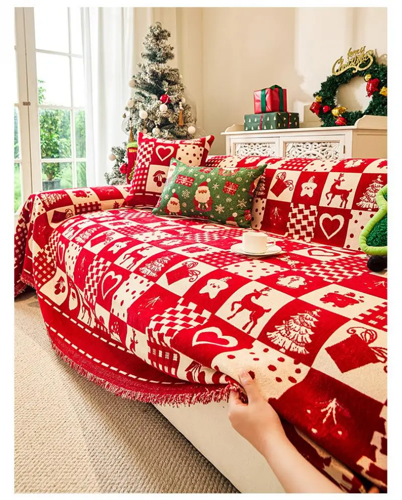 Weihnachtlicher Einteiliger Sofabezug Handtuch Chenille Rotes Karomuster Universelle Sofabezüge Festliche Komplette Decke Sofabezug-Stoff – Detail 7