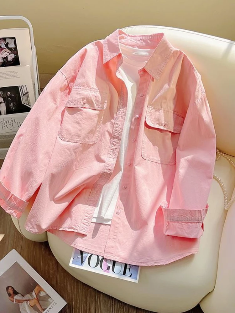 

5 Colors Breathable and Comfortable Cotton Shirts Jacket French Style Double Pocket Solid POLO Shirt Oversize Elegant Sexy Women