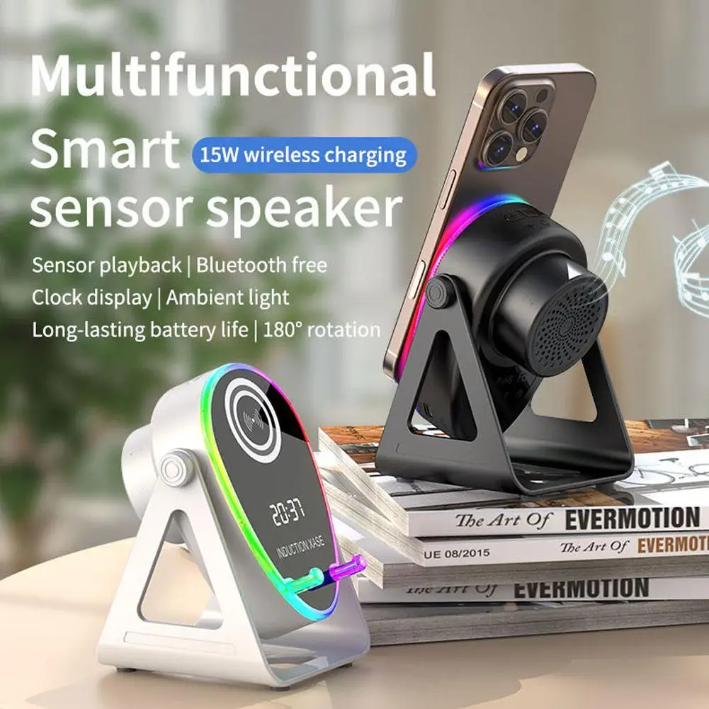 

Wireless Induction Speaker- 4 In1 Bluetooth Speaker Phone Stand With Ambient Light 360° Rotation For IPhone/Android