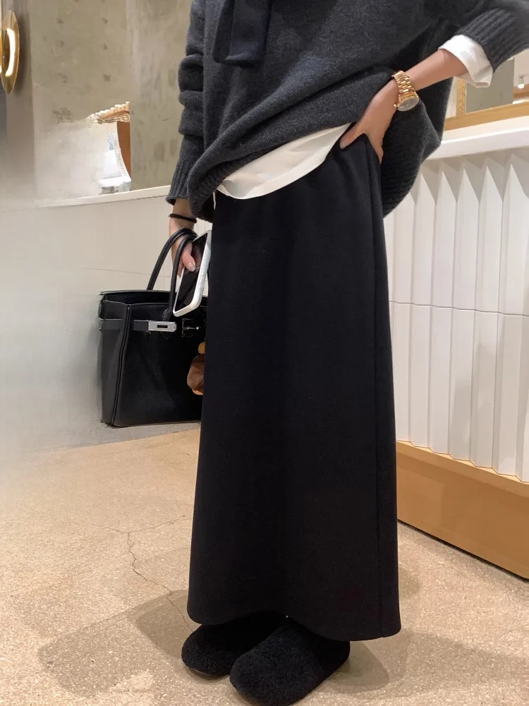 EKOOL กระโปรงลายทางเอวสูงผ้าวูลอะซิเตทกระโปรงยาวทรงเอเอวยืดหยุ่นสำหรับผู้หญิงฤดูหนาวสไตล์เกาหลีสวมใส่สบายๆ