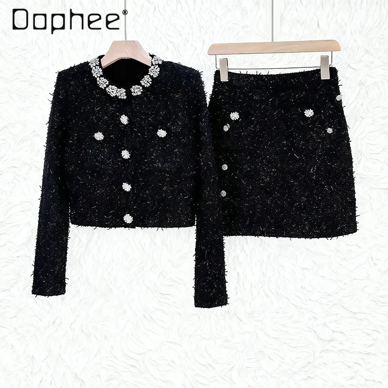

Socialite Tweed Fashion Suit for Women 2026 Spring New Rhinestone Round Neck Knitted Short Jacket and Skirt Luxury Slimming Set