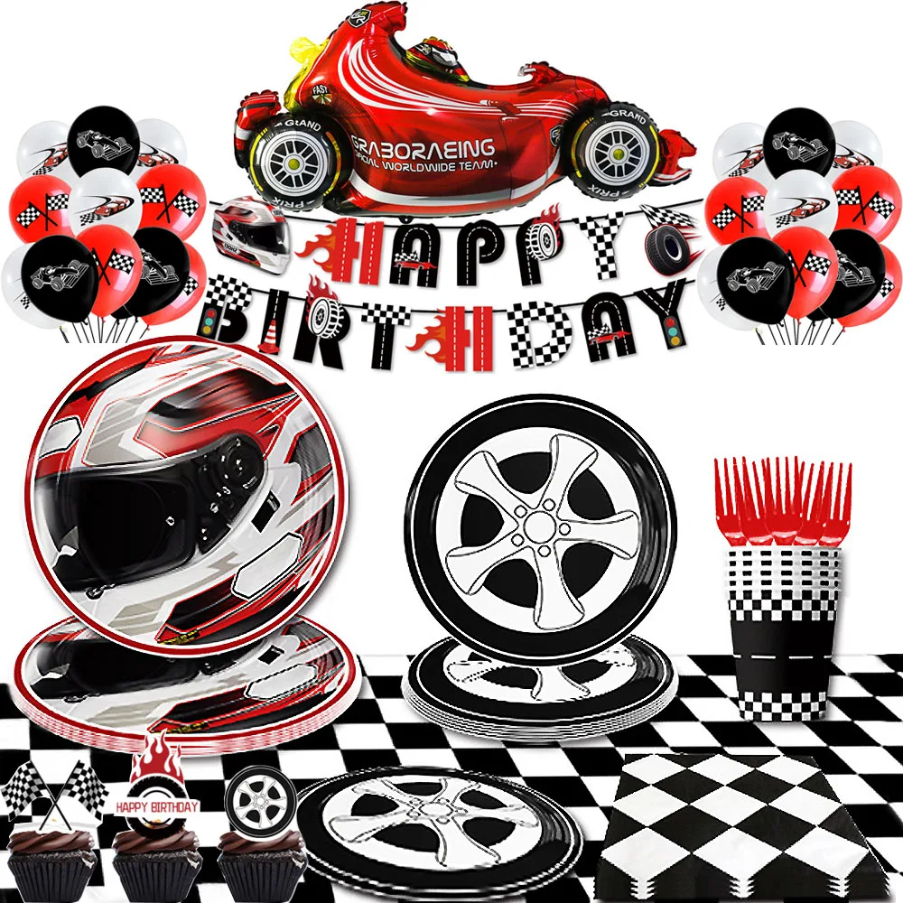 Racing Car Motorcycle Theme Party Disposable Tableware Black White Tablecloth Plates Cups Kids Motorcycle Birthday Party Decors