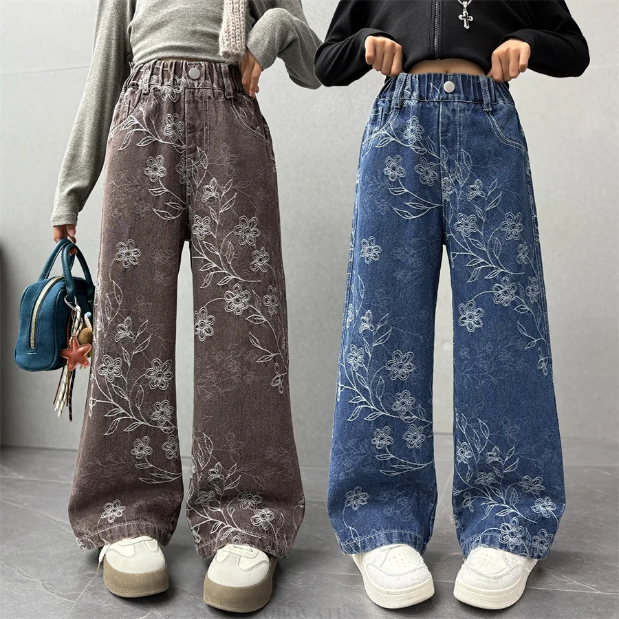 

New Kids Designer Spring Fall Blue Brown Color Jacquard Jeans for Teenage Girls Loose Straight Floral Denim Pants Children 5-14Y