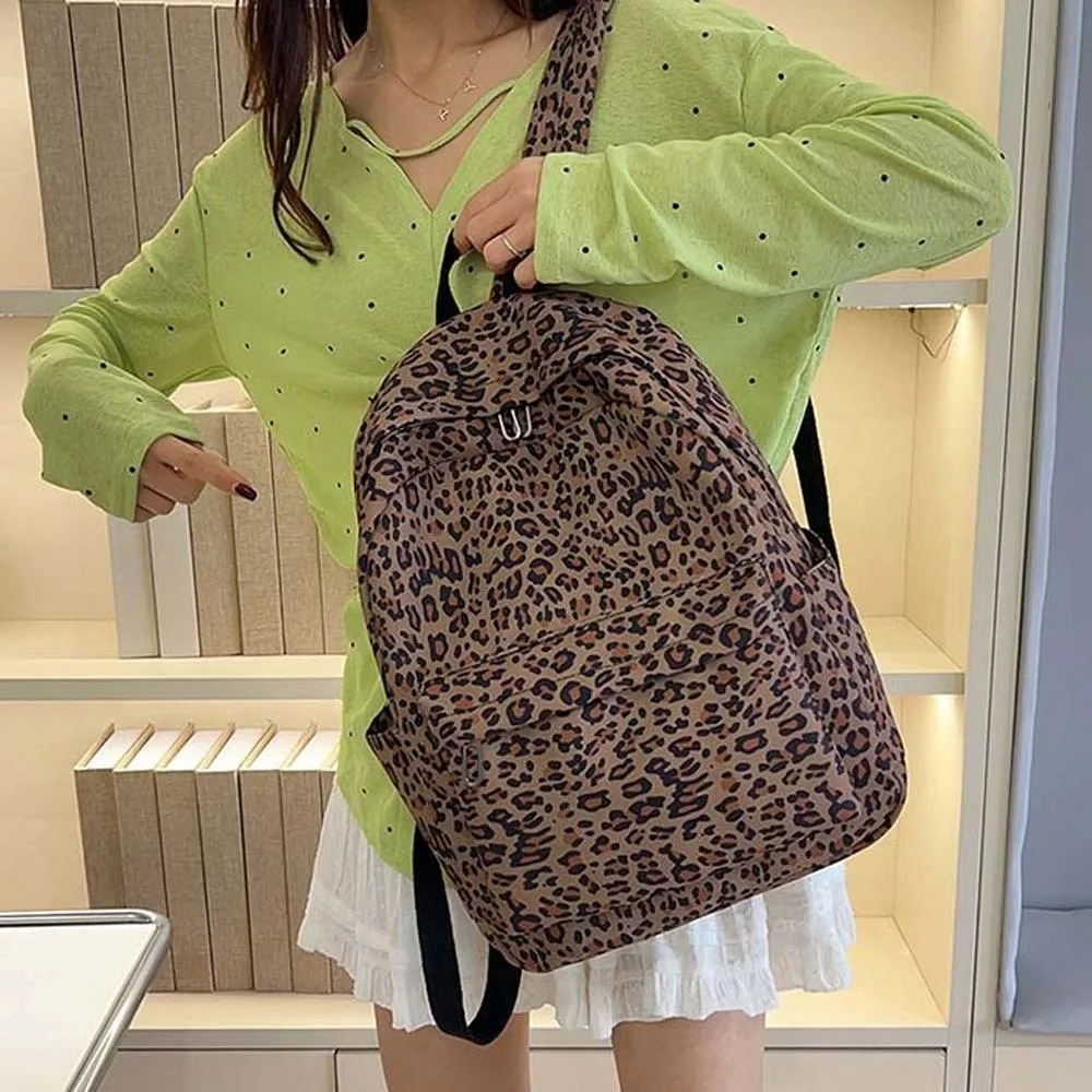 Portable Nylon Leopard Print Backpack Daypack Retro Students School Bag Polyester Durable Large Capacity Backpack Women